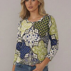Joseph A White Blue Green Button Front Cardigan Knit Sweater S Paisley NEW Chic